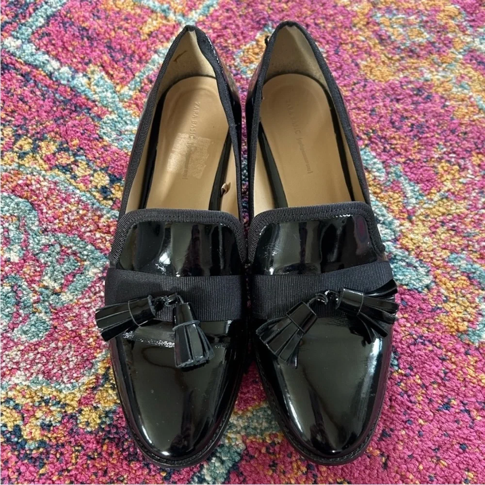 Zara | Women’s Elegant Black Patent Tassel Loafers Low Heel, Euro Size 38 US 7.5